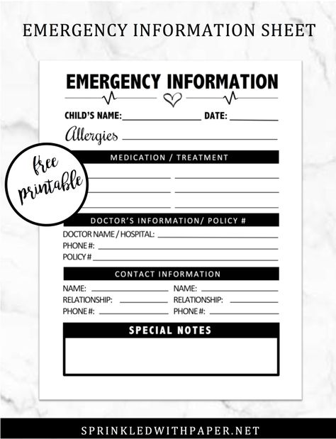 Free Printable Emergency Information Sheet - This free printable emergency information sheet is the perfect addition to your personalized first aid kit. Emergency Contacts Free Printable, Basic First Aid Printable, Medical Information Printable Free, In Case Of Emergency Printable Free, Emergency Contact Form Free Printable, First Aid Instructions, Emergency Information Sheet, Daycare Emergency Contact Form, Preschool Forms