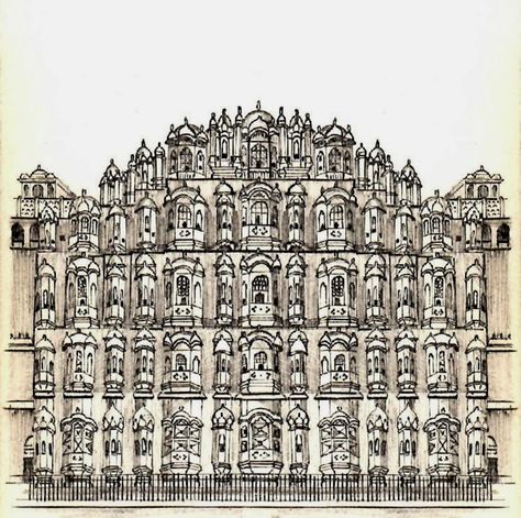 Fantastic Hawa Mahal in Jaipur, Rajasthan, my art drawing, illustration, India, Asia Hawa Mahal Drawing, Hawa Mahal Sketch, Jaipur Sketch, Rajasthan Illustration, Rajasthan Architecture, Chand Baori, Hawa Mahal Jaipur, India Landscape, Door Pattern