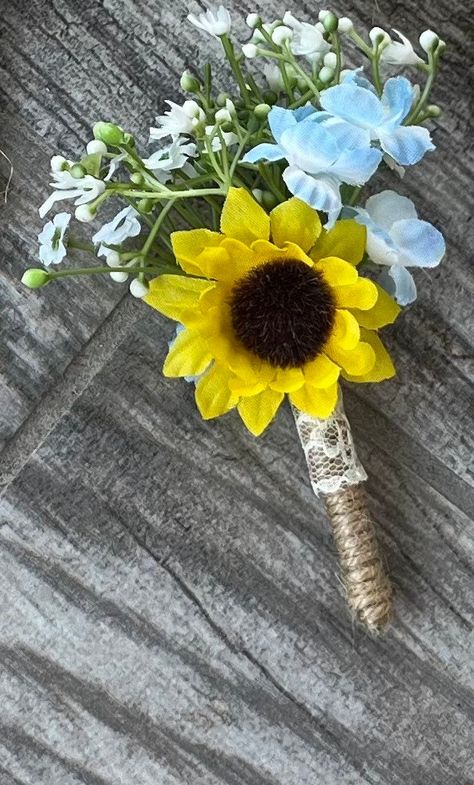 Light Blue Sunflower Wedding, Light Blue Wedding Shoes, Light Blue Wedding Colors, Wedding Light Blue, Blue Sunflower Wedding, Groomsman Boutonniere, Sunflower Boutonniere, Blue Wedding Nails, Light Blue Wedding Dress