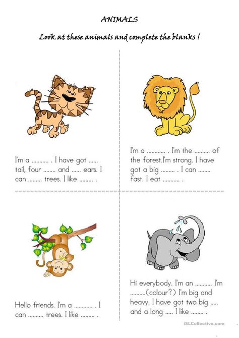 Animals - English ESL Worksheets for distance learning and physical classrooms Dinosaur Poem, English Primary School, Animal Riddles, Ingles Kids, Animal Lessons, Reading Comprehension Kindergarten, Animal Worksheets, Learning English For Kids, English Grammar Worksheets