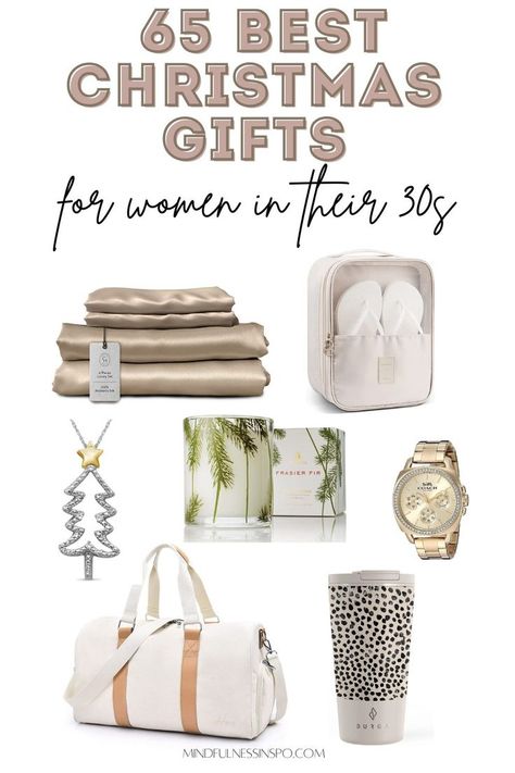 65 best Christmas gifts for women in their 30s featuring luxury mulberry silk sheets set, shoe organizer for travel, Christmas tree pedant necklace, frasier fir scented candle, Coach women's watch golden, white canvas weekender bag, cute travel coffee mug pink with black spots, more cute Christmas gift ideas for her in the holiday gift guide for women on mindfulnessinspo.com Best Christmas Gifts For Young Women, Christmas List 2022 Women, Best Womens Gifts, Viral Gifts For Women, Must Have Christmas Gifts For Women, Gift Ideas For Her Christmas, Small Christmas Gift Ideas For Women, Gifts For Late 20s, 2024 Christmas List Women