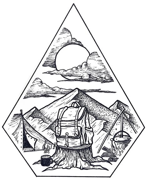 Wander Drawing, Camping Vector, Camera Tattoo Design, Camping Tattoo, Skull Tattoo Flowers, Adventure Tattoo, Camper Art, Hiking Tattoo, Drawing Examples