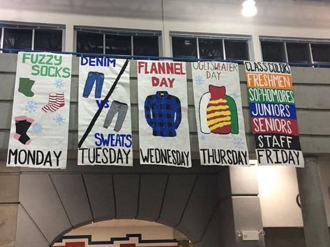 High School Themes Spirit Weeks, Winter Spirit Week Ideas, Spirit Week Posters, Spirit Day Themes, High School Spirit Week, Student Council Activities, School Spirit Ideas Pep Rally, Homecoming Banner, Dress Up Themes