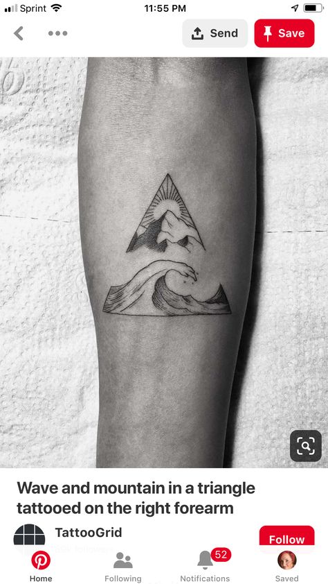 Ocean Meets Mountains Tattoo, Mountain Ocean Line Tattoo, Triangle Tattoo Mountain, Triangle Mountain Tattoo, Mountain And Ocean Tattoo Geometric, Volcano Tattoo, Scott Tattoo, Moutain Tattoos, Wave Tattoo Design