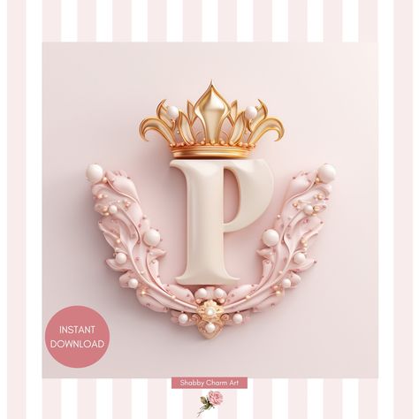 Pink And Gold Crown, P Monogram, Alphabet Sign, Crown Images, Alphabet Signs, Monogram Wall Art, Wall Art Pink, Monogram Wall, Letter P