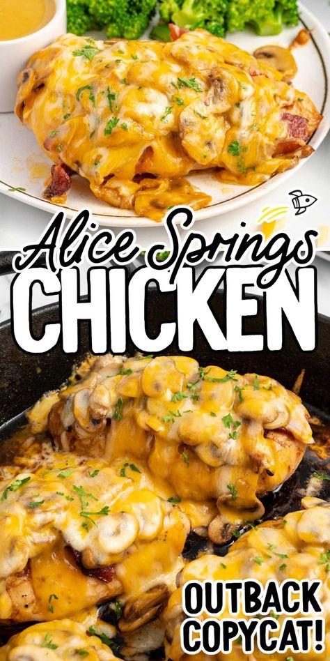 Our Alice Springs chicken is an indulgent dish that showcases marinated chicken breasts smothered in a honey mustard sauce, topped with mushrooms, crispy bacon, and melted cheddar jack cheese. Alice Springs Chicken Outback, Honey Dijon Chicken, Alice Springs Chicken, Marinating Chicken Breast, Outback Steakhouse, Fresh Salad Recipes, Chicken Thigh Recipes Oven, Chicken Thigh Recipes Crockpot, Boneless Chicken Thigh Recipes