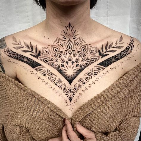 Neo Traditional Chest Piece, Chest Pieces For Women Tattoo, Beautiful Chest Tattoo For Women, Trad Chest Tattoo Female, Lace Chest Tattoo, Decollete Tattoo, Chest Tattoo Female Upper Cover Up, Chest Ornamental Tattoo, Moth Chest Tattoo Female