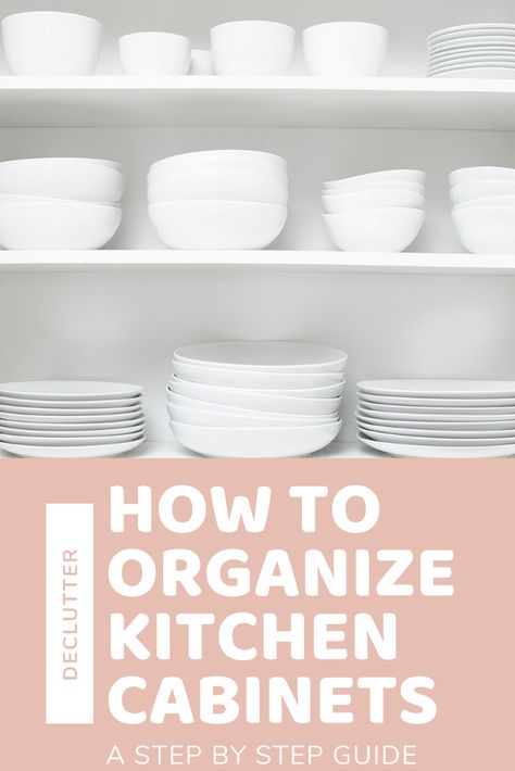 How to Organize Kitchen Cabinets: a step by step guide Farmhouse Pantry Labels, Organize Kitchen Cabinets, Simple Kitchen Cabinets, Plate Organizer, Organize Kitchen, Home Inspo Cozy, Pan Storage, Pot Lid Organization, Organized Kitchen