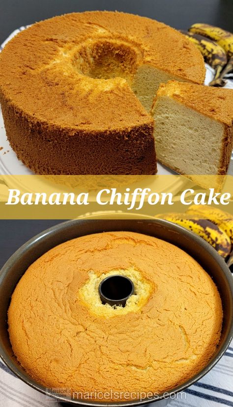 Banana Chiffon Cake recipe made of overripe bananas. Moist, fluffy, and packed with banana flavor. Delicious Banana cake to enjoy for breakfast, snack, or dessert! https://maricelsrecipes.com/banana-chiffon-cake/ Recipe Video https://youtu.be/Es2qUp10Now #bananacake #chiffoncake #bananarecipes Banana Chiffon Cake, Banana Sponge Cake Recipes, Banana Cake Recipe Moist, Banana Chiffon Cake Recipe, Banana Chicken, Fluffy Banana Cake, Banana Flavored Cake, Banana Sponge Cake, Chiffon Cake Recipe