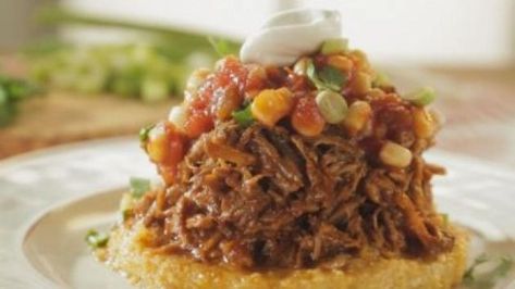 Deconstructed Tamales: Trisha's Cheese Grit Cake with Tamale-Style Pulled Pork Recipe | Trisha Yearwood | Food Network Deconstructed Food, Trisha's Southern Kitchen, Barbecue Ideas, Grit Cakes, Mexican Entrees, Trisha Yearwood Recipes, Tv Recipes, Pulled Pork Recipe, Cheese Grits