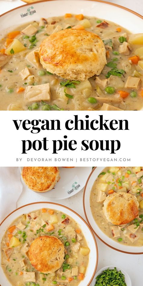 Looking for a cozy, delicious, and comforting meal? Look no further! Our Vegan Chicken Pot Pie Soup is not only delicious but also packed with nutrition! 🌱 Perfect for a cold day or a family dinner. 😋 Get the full recipe now and make your taste buds sing! 🎶 Vegan Chicken Pot Pie Soup, Vegan Pot Pie Soup, Vegan Chicken Pot Pie, Vegetarian Pot Pie, Vegan Pot Pies, Chicken Pot Pie Soup, Pot Pie Soup, Vegan Chicken, Vegan Soup Recipes