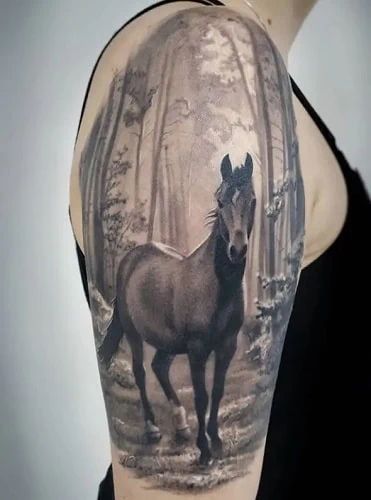 Horse Forest Tattoo, Tennessee Walking Horse Tattoo, Delicate Horse Tattoo, Horse Portrait Tattoo, Horse And Dog Tattoo, Horse Sleeve Tattoo, Horse Silhouette Tattoo, Memorial Horse Tattoo, Horse Tattoos For Women