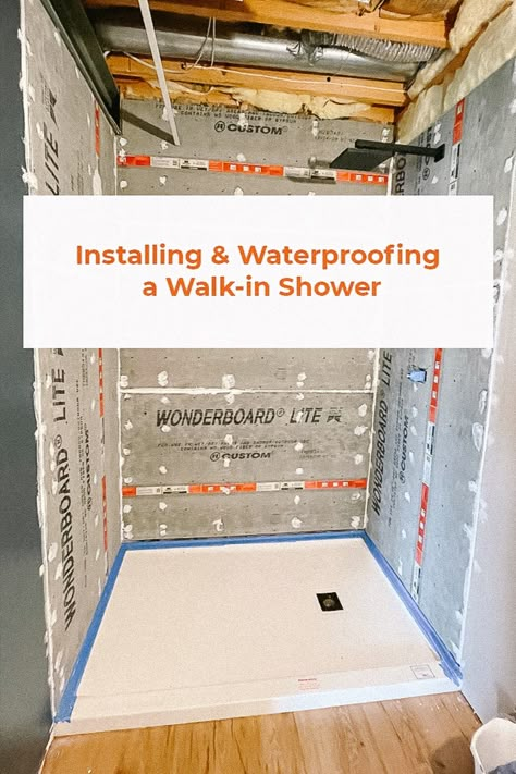 Walk-in shower with backer board on the walls. How To Install Shower Pan, Step Up Shower Walk In, Small Master Shower Ideas Walk In, Shower Basement Ideas, Diy Small Shower Ideas, Bathroom Remodel How To, How To Build A Shower Stall, How To Build A Walk In Shower With Bench, Diy Shower Renovation