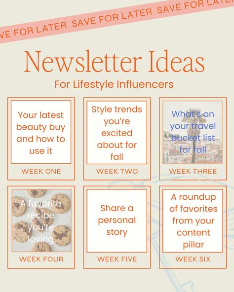 Are you a lifestyle influencer and need some newsletter topic ideas? Save this post! These are a few exclusive content ideas you can include in your next 6 newsletters for subscribers. Depending on what your content pillars are as a lifestyle blogger may influence some of these, but use this as a guide to get started! #bloggingtips #blogtips #influencertips #lifestyleblogger #lifestyleinfluencer Content Pillars, Topic Ideas, Lifestyle Influencer, Content Ideas, Influencer Marketing, Blog Tips, Growing Your Business, Lifestyle Blogger, Blogging Tips