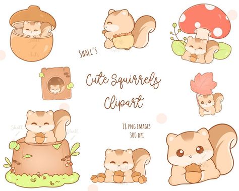 Craft Your Happiness with Kawaii Animals Stickers Chibi Squirrel, Invitation Website, Squirrel Clipart, Planer Sticker, Creative Clips Clipart, Autumn Clipart, Kawaii Clipart, Invitation Clipart, Cute Autumn