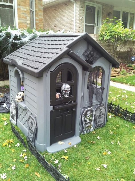 Halloween Cubby House, Haunted Play House Diy, Playhouse To Haunted House, Garage Into Haunted House, Halloween Little Tikes House, Playhouse Haunted House, Haunted House Playhouse, Halloween Playhouse Makeover, Spooky Playhouse