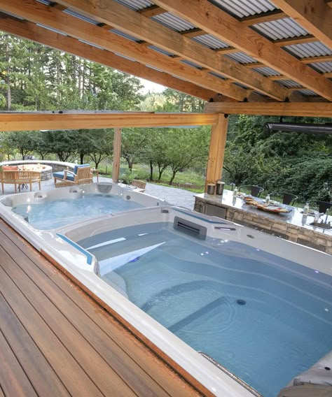 Small Backyard Living Spaces, Jaquizzi Outdoor Ideas, Deck With Hot Tub And Pool, Swim Spa With Umbrella, Swimming Spa Backyard Ideas, Swim Spa Built Into Deck, Whirl Pool Tub Master Bath, Endless Pools Backyard, Outdoor Kitchen With Hot Tub