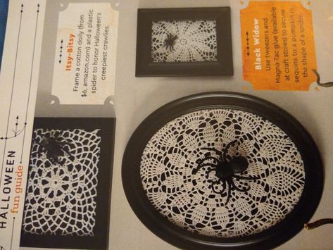 For mantel Witchy Bedroom Ideas, Framed Doilies, Crochet Frame, Creepy Spider, Spider Webs, Creepy Crawlies, Crochet Doily, Halloween Spider, Halloween Haunt