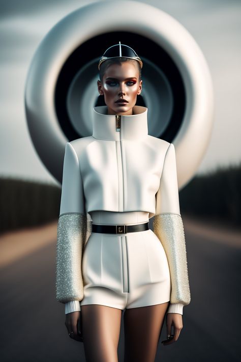 Lexica - Portrait of haute couture beautiful russian fashion model editoria, white and chrome, structured outfit, platform shoes, iso 400, surrealis... Sci Fi Couture, Futuristic White Outfit, Futuristic Aesthetic Fashion, Futureristic Fashion, Futuristic Aesthetic Future Fashion, Futuristic Outfits Women, Future Fashion Women, Future Fashion Futuristic, Futuristic Fashion Aesthetic