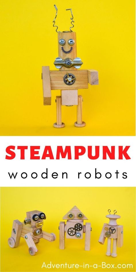 Introduce kids to woodworking by challenging them to create these whimsical steampunk wooden robots – from wood, screws and metal scraps! #woodworking #woodentoys #diytoys #stemactivities #stemeducation #homeschool Tinker Station, Whimsical Steampunk, Wooden Robots, Art Homeschool, Wooden Robot, Diy Steampunk, Robot Craft, Scrap Recycling, Stem Ideas