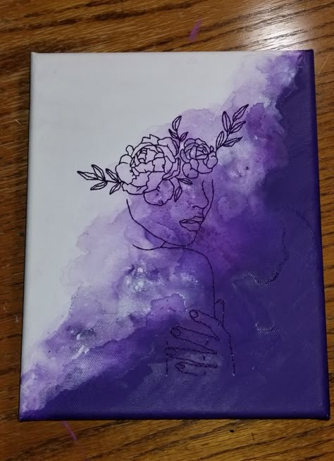 A purple and white water colored canvas with a embroidery design of a girl with flowers stitched on. Abstract Painting With Embroidery, Painting On 2 Canvases, Outline Paintings, Embroidery And Paint On Canvas, Stitching On Canvas Painting, Paint And Thread Canvas, Stitch On Canvas, Ideas To Paint On Canvas Inspiration, Canvas Stitching Art