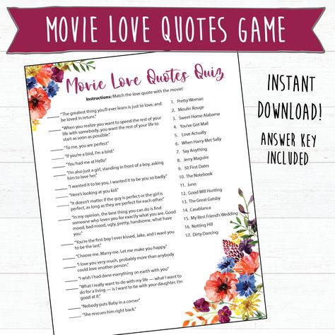 Wedding Movie Trivia, Quote Quiz, Graduation Candy Buffet, Movie Love Quotes, When Harry Met Sally, Romantic Movie Quotes, Valentines Games, Bridal Shower Activities, Love Facts