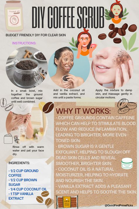 Coffee Coconut Oil Scrub, Coffee Exfoliating Scrub Diy Face, Diy Coffee Ground Scrub, Coffee Scrub Packaging Ideas, How To Make A Coffee Scrub, Diy Coffee Oil, Home Made Exfoliating Scrub, Diy Coffee Face Scrub, Diy Coffee Scrub