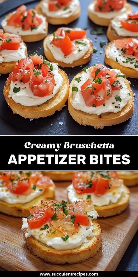 Savor these Delicious Creamy Bruschetta Appetizer Bites! A twist on the classic, these bites feature creamy cheese, juicy tomatoes, and fresh basil—perfect for parties or gatherings. Avocado Bites Appetizers, Cheesy Bruschetta Bites, Party Appetizers Italian, Mozzarella Prosciutto Appetizer Recipes, Baguette Appetizers Simple, Bruschetta Crostini Appetizers, Tomato Cheese Basil Appetizer, Baguette Recipe Ideas Appetizers, Christmas Bruschetta Recipe