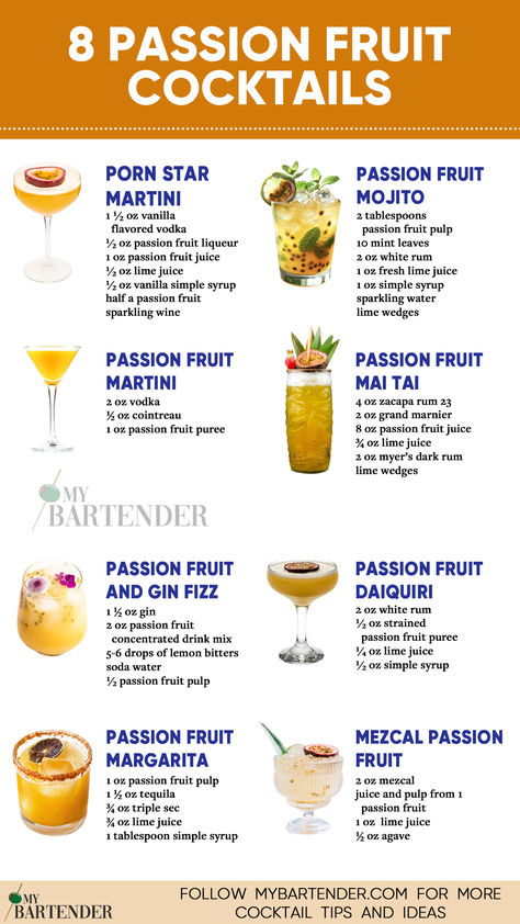 Passion Fruit Cocktails Recipes With Fruit Cocktail, Passion Fruit Mojito, Bartender Drinks Recipes, Cocktail Drinks Alcoholic, Passion Fruit Juice, Sunny Vibes, Yummy Alcoholic Drinks, Martini Recipes, Cocktail Drinks Recipes