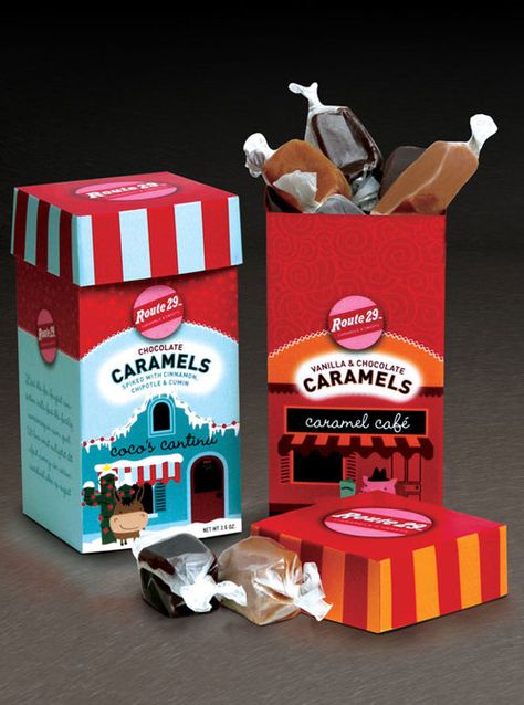 Route29_caramelboxes Christmas Candy Packaging, Candies Packaging, Seaweed Chips, Interesting Packaging, Types Of Graphic Design, Candy Packaging, Cool Packaging, Graphic Design Packaging, Box Packaging Design