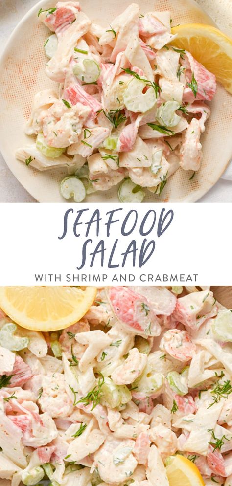 This seafood salad is light, refreshing, and seasoned to perfection! It's a great salad to enjoy during lent or simply as an easy weekday meal. Fresh dill and a sprinkle of Old Bay seasoning deliciously compliment a flaky fish base. This seafood salad contains the right balance of both flavors and textures! Seafood Salad Recipes Cold, Cold Crab Salad, Deli Seafood Salad, Seafood Louie Salad Recipe, Seafood Salad Recipe With Crab, Seafood Salad Recipe With Crab Shrimp, Southern Macaroni Salad, Seafood Salad Recipe, Bread For Sandwiches