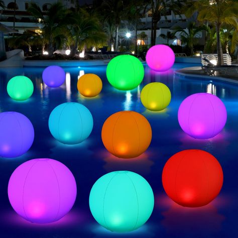 PRICES MAY VARY. Rich in Quantity: you will get 8 pieces inflatable solar floating light balls in 2 sizes, namely 16 inches and 12 inches, and 2 pieces remote controls, enough quantity and different size to meet your different night decorating needs, and you can also share some with your friends and family members Solar Powered: our light balls are solar powered, you just need to place them under the sun for 8 to 10 hours during the day, and they can light up for 12 hours at night, which is very Lights For Pool, Pool Birthday Decorations, Backyard Lights, Outdoor Sweet 16 Party Ideas, Black Light Pool Party, Glow In The Dark Swim Party, Led Balloons In Pool, Glow In The Dark Pool Party, Floating Pool Decorations