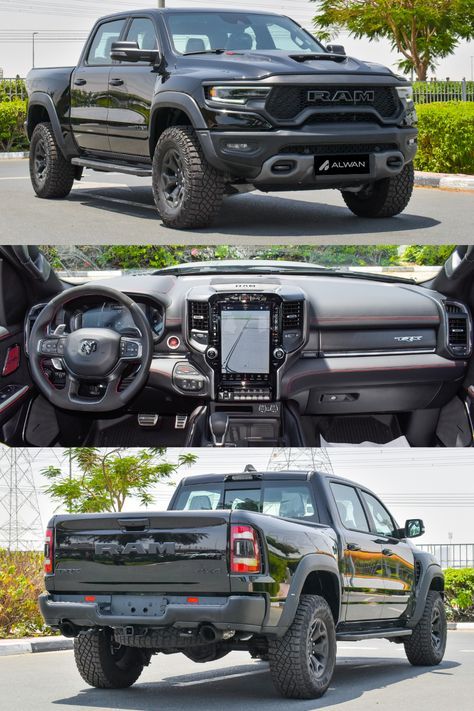 The 2023 Dodge RAM TRX in Black is a beast on wheels. With its sleek and menacing exterior, it turns heads wherever it goes. The all-black design gives it an air of mystery and power, making it irresistible to any car enthusiast. Equipped with a supercharged 6.2-liter HEMI V8 engine, 702 horsepower and 650 lb-ft of torque. It's an absolute powerhouse on the road, capable of going from 0 to 60 mph in just 4.5 seconds. Trx Dodge Ram, Ram Trx Black, Dodge Trx Truck, All Black Truck, 2023 Trucks, Black Pick Up Truck, Ram Trx 1500, Dodge Ram Black, 2023 Dodge Ram