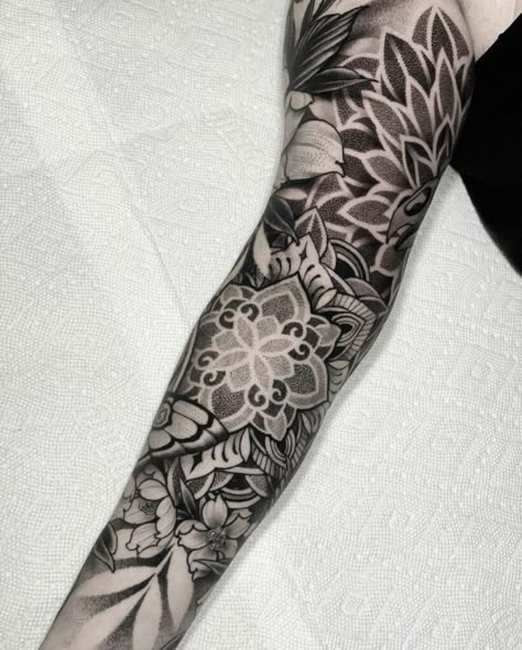 Attractive Dotwork Mandala Tattoo For Sleeve: The beautiful tattoo design with a golden face and cyan body is a perfect example of the Japanese art style. Getting a powerful dragon tattoo design on your full sleeve shows you a strong personality and an independent spirit. Full Sleeve Floral Tattoo, Dot Work Sleeve Tattoo, Tattoo For Sleeve, Sleeve Filler Ideas Women, Floral Mandala Tattoo Sleeve, Warrior Tattoos For Women, Floral Filler Tattoo Ideas, Dotwork Mandala Tattoo, Female Sleeve Tattoo Ideas