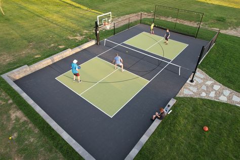 Backyard With Pool And Pickleball Court, Basketball Tennis Court, Pickleball Courts Design, Pickleball Basketball Court Backyard, Multisport Court Backyard, Pickleball Basketball Court, Backyard Pickleball Court Landscaping, Home Pickleball Court Ideas, At Home Pickleball Court