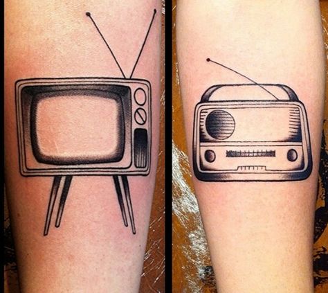 Television n' Radio tattoo Old Radio Tattoo, Movie Theater Tattoo, Vintage Tv Tattoo, Vintage Radio Tattoo, Tv Tattoo Retro, Old Tv Tattoo, Radio Tattoo Vintage, Retro Tv Tattoo, Television Tattoo