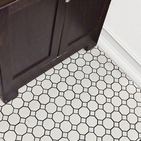 Retro 11.5" x 11.5" Porcelain Mosaic Tile in Matte White with White Dot Octagon Tile, French Country Bathroom, Black Interior Doors, Tile Remodel, Interior Tiles, Mosaic Floor Tile, Merola Tile, Porcelain Mosaic Tile, Porcelain Floor