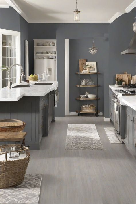 home decorating, home interior, interior design, kitchen designs Wall Colors With Grey Cabinets, Kitchen Wall Colors With Grey Cabinets, Gray Walls Kitchen, Grizzle Gray, Grey Painted Kitchen, Grey Kitchen Walls, Light Oak Floors, Sage Green Kitchen, Wooden Countertops