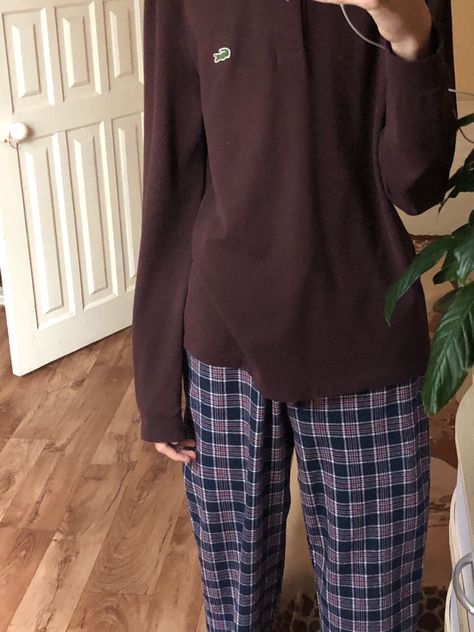 Pajamas Big Shirt, Dark Academia Pajamas Aesthetic, Pajamas Aesthetic Outfit, 90s Pjs Aesthetic, Flannel Pajama Pants Outfit, Winter Pjs Aesthetic, Fall Pajamas Aesthetic, Cozy Pjs Aesthetic, Pjs Outfits Comfy