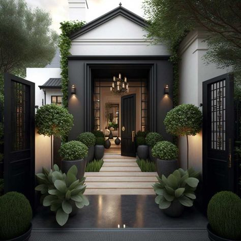 Beautiful House Entrance, Front Entrance Design, Front Entrance Ideas, Monterey House, Exterior Entryway Ideas, Entrance Design Ideas, Home Front Elevation, Luxury Houses Entrance, Front Porch Garden