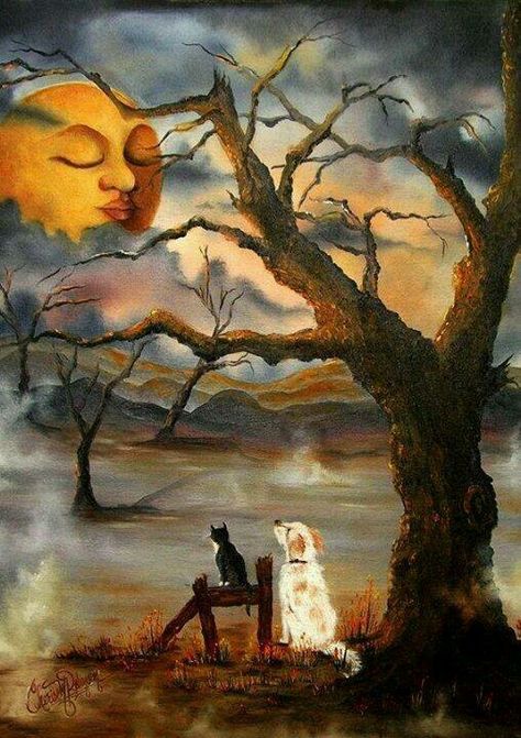 Goodnight Art Et Illustration, Beautiful Moon, Arte Fantasy, Arte Animal, Art And Illustration, Dog And Cat, Moon Art, Whimsical Art, Halloween Art