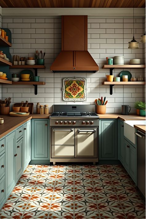 Farmhouse kitchen with patterned cement tile floor Hexagon Tiles Kitchen, Farmhouse Kitchen Flooring Ideas, Cement Tiles Kitchen, Farmhouse Kitchen Floor, Hexagon Tile Kitchen, Farm Renovation, Dream Farmhouse Kitchen, Farmhouse Kitchen Flooring, Kitchen Flooring Ideas