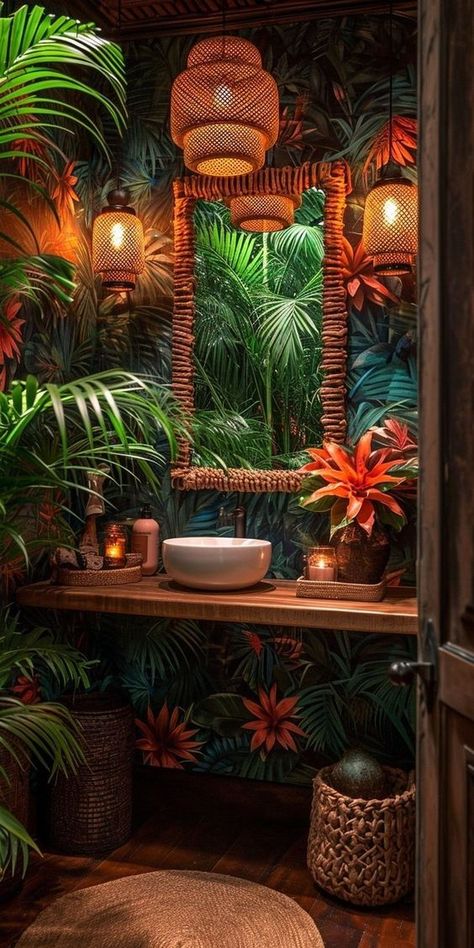 Small Powder Bathroom, Coastal Powder Room, Jungle Bathroom, Tropical Interior Design, Waterproof Wallpaper, Powder Bathroom, Powder Room Wallpaper, Tropical Interior, Tiki Decor