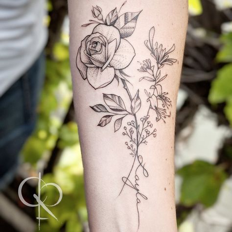 Rose and Honeysuckle #floral #floraltattoo #flowertattoo #rosestattoo #fineline #delicatetattoo #dotworktattoo #BlackworkTattoos #castofcrowns Rose And Honeysuckle Drawing, Honeysuckle And Rose Tattoo, Rose And Honeysuckle Tattoo, Honeysuckle And Rose, Rose And Honeysuckle, Honeysuckle Tattoo, Shape Tattoo, Muster Tattoos, Vine Tattoos