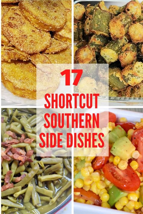 A collection of 17 easy shortcut Southern side dish recipes you'll want to make again and again. From vegetables and fresh salads for summer BBQ and cookouts to squash casserole and cornbread dressing as Southern Thanksgiving side dishes. Country Vegetable Dinner, Southern Vegetable Plate Dinner, Healthy Southern Side Dishes, Southern Style Side Dishes, Creole Vegetables Side Dishes, Southern Veggie Plate Dinner, Southern Vegetable Side Dishes, Dinner Ideas With Cornbread As A Side, Southern Recipes Sides