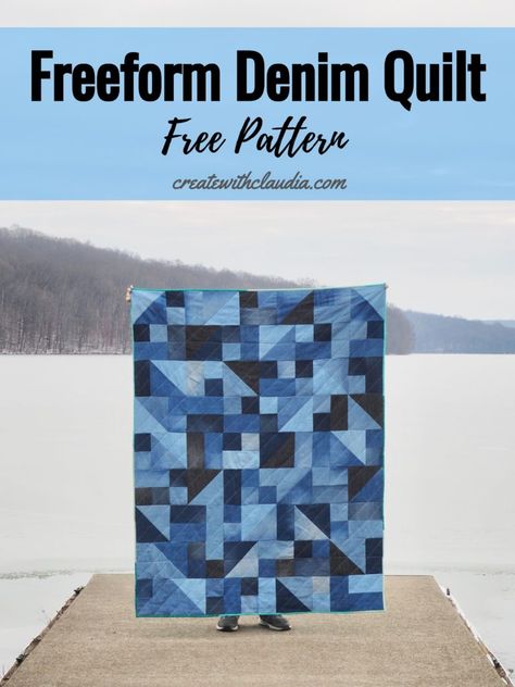 Freeform Denim Quilt Pattern - Create with Claudia Modern Denim Quilt, Denim Strip Quilt, Denim Scrap Quilt, Easy Denim Quilt, Jean Quilt Ideas Free Pattern, Denim Quilts Old Jeans, Denim Quilts Old Jeans Diy, Jean Quilt Patterns, Quilt Jeans