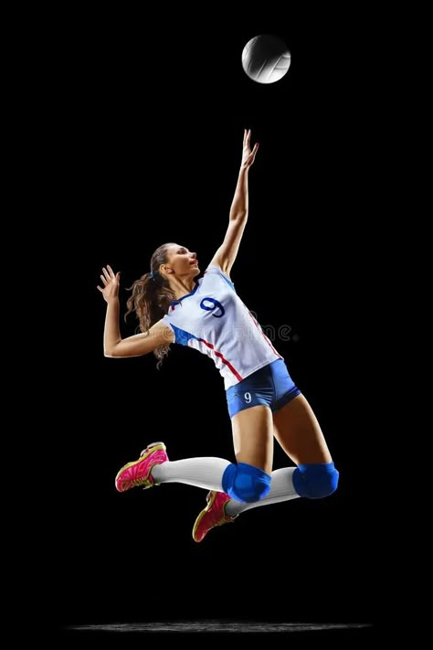 Female professional volleyball player on black Volleyball Portraits Picture Ideas, Volleyball Action Shots, Flame Photoshoot, Nike Shoot, Volleyball Portraits, Soccer Photography Poses, Volleyball Media Day, Professional Volleyball Players, Volleyball Backgrounds