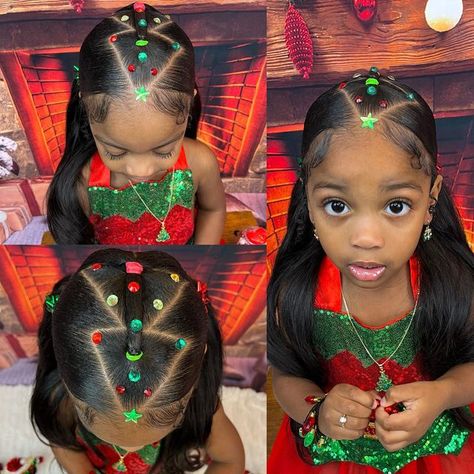 Lovely A. Amour 💖 on Instagram: "Ok Everyone which Christmas Hair style is your favorite!!?😩😍The Christmas tree🎄 with Diamond Ornaments, Topped with a star, The 2️⃣ Reindeer with Santa inside his sleigh🛷 in the middle with presents🎁I added, the glittery Candy Cane❤️, the Candy🍬 Land braided ponytail with bows🎀, candy canes, and pepper mints💚 with wrappers❤️& some without😮‍💨, high pony & hair down in the back topped with a diamond snowflake❄️ & diamonds💎 falling, two pigtails with bow Little Black Girls Christmas Hairstyles, Christmas Hairstyles For Black Kids, Christmas Ornament Hairstyles, Christmas Hair Styles For Black Kids, Hair Styles For Christmas Pictures, Hairstyles For Christmas Pictures, Christmas Braids For Black Kids, Christmas Hair For Kids, Christmas Hair Styles For Kids