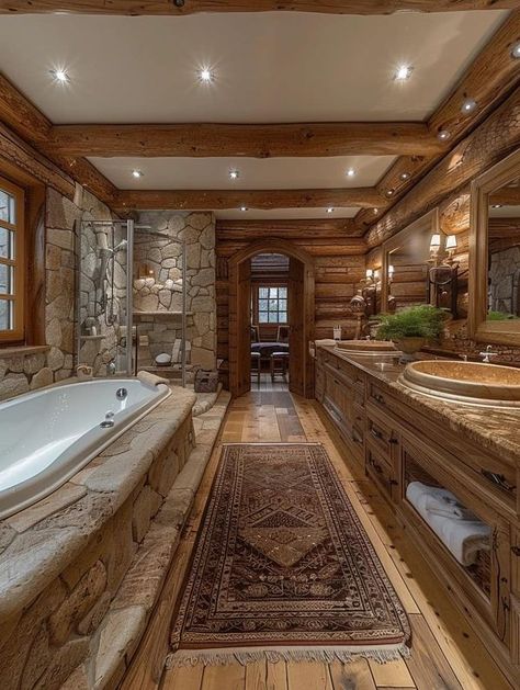 Log Houses Log House Bathroom, Log Home Bathrooms, Log Cabin Mansions, Lake Bathroom, Cabin Mansion, Log Houses, Log House, Tuscan House, House Luxury