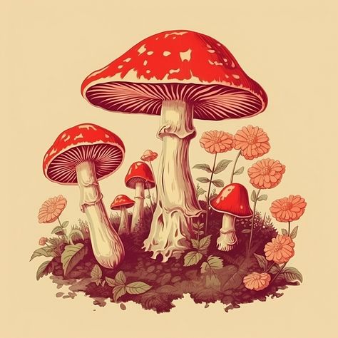 Mushroom Design Drawing, Vintage Mushroom Art, Mushroom Illustrations, Mushroom Background, Fungi Illustration, Hippy Art, Ideas Cuadros, Mushroom Crafts, Mushroom Tattoos